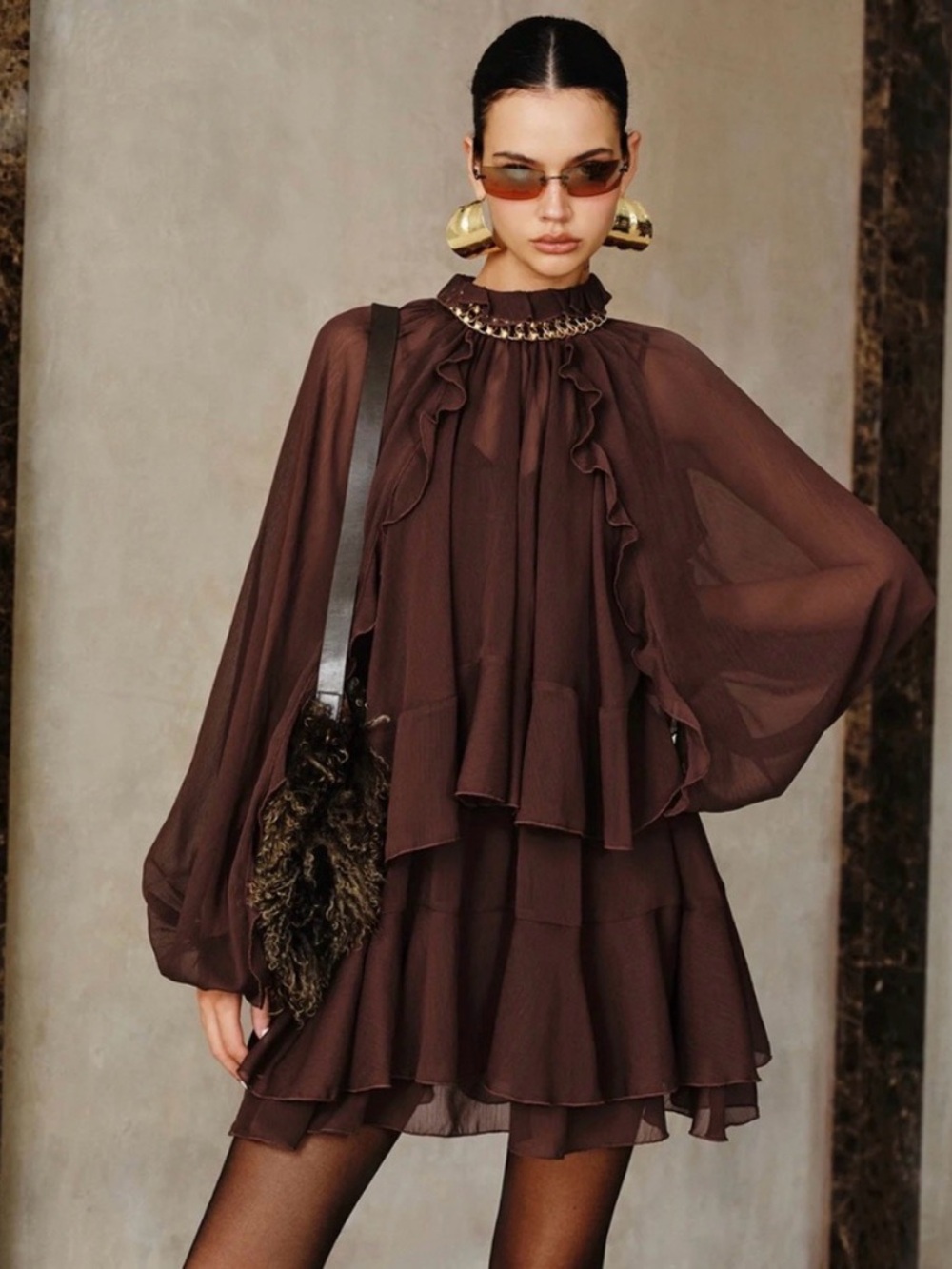Commense Brown Ruffle Neck Chiffon Dress